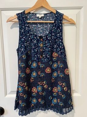 Umgee Navy Floral Crochet-Trim Sleeveless Tank